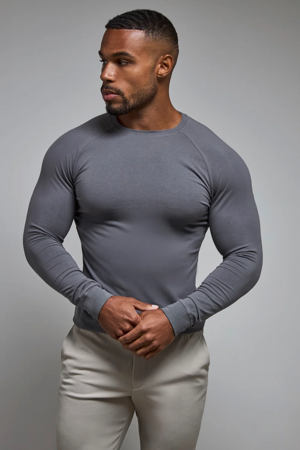 Muscle Fit Long Sleeve T-Shirt in Charcoal - Image 5