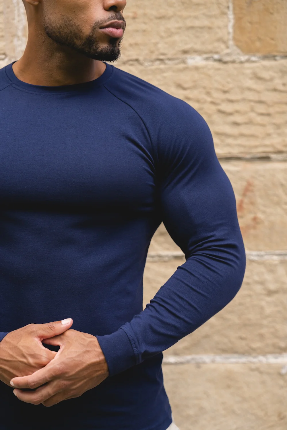 Muscle Fit Long Sleeve T-Shirt in Navy - Image 3
