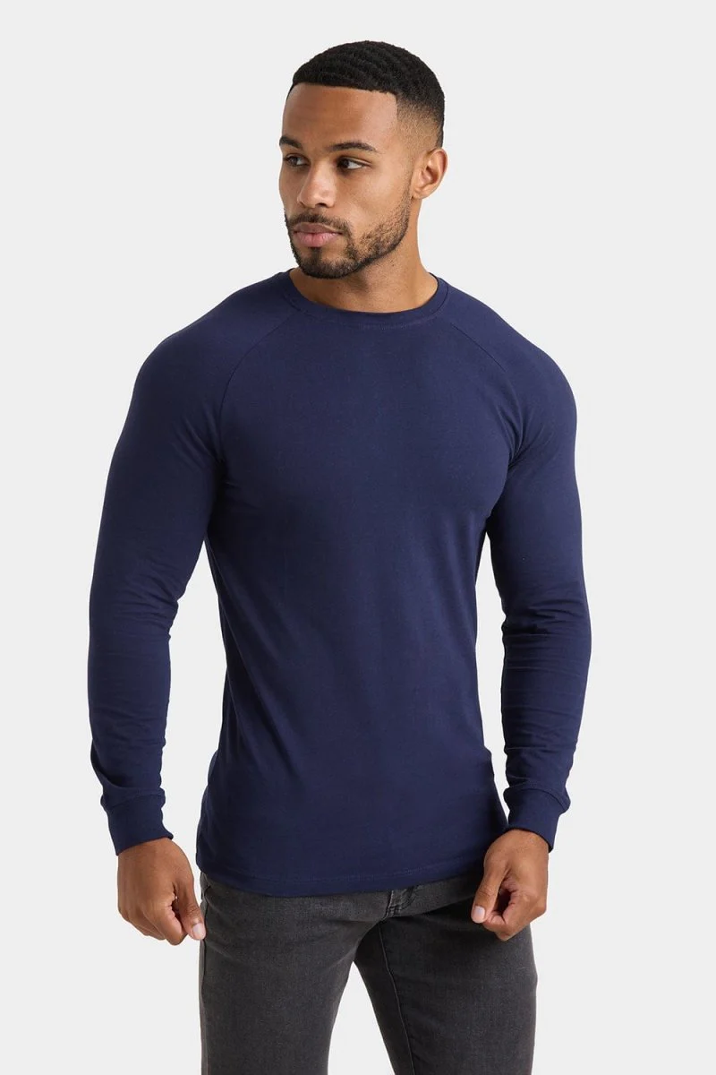 Muscle Fit Long Sleeve T-Shirt in Navy - Image 4