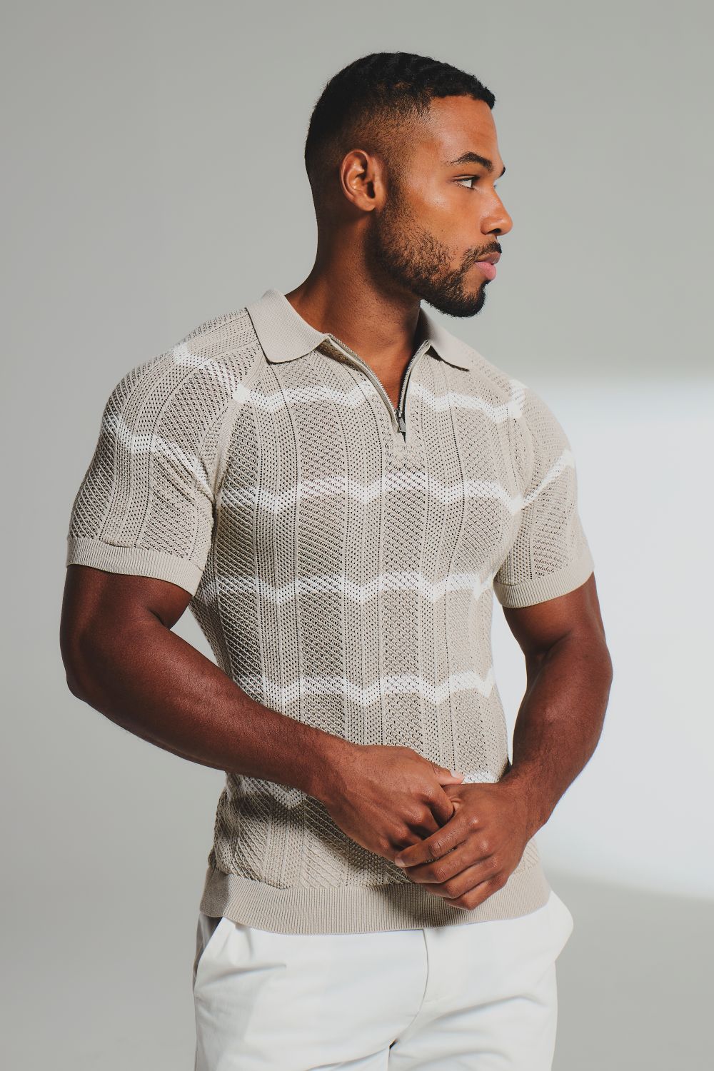 Chevron Textured Knitted Zip Neck Polo Shirt in Stone and Chalk - Image 2