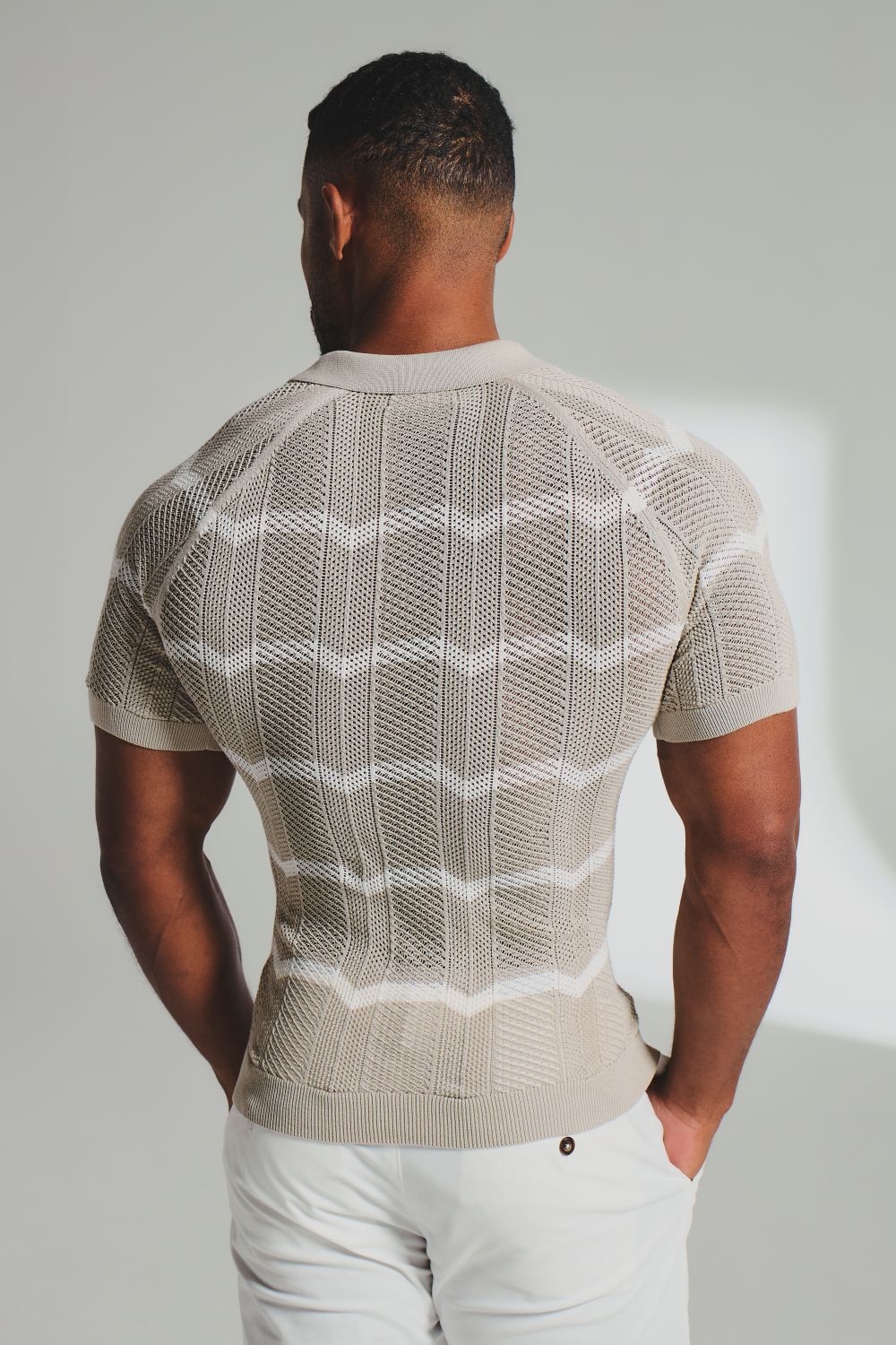 Chevron Textured Knitted Zip Neck Polo Shirt in Stone and Chalk - Image 7