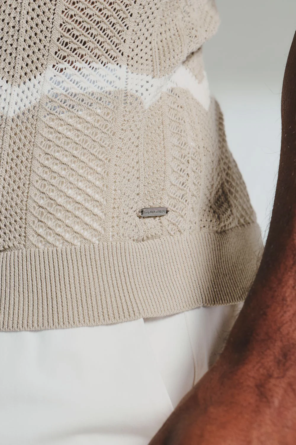 Chevron Textured Knitted Zip Neck Polo Shirt in Stone and Chalk - Image 8