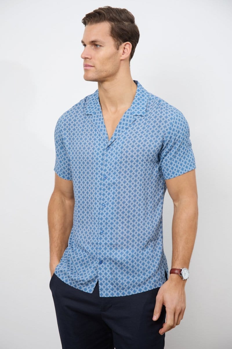 Printed Shirt in Slate Blue/White Circle Geo