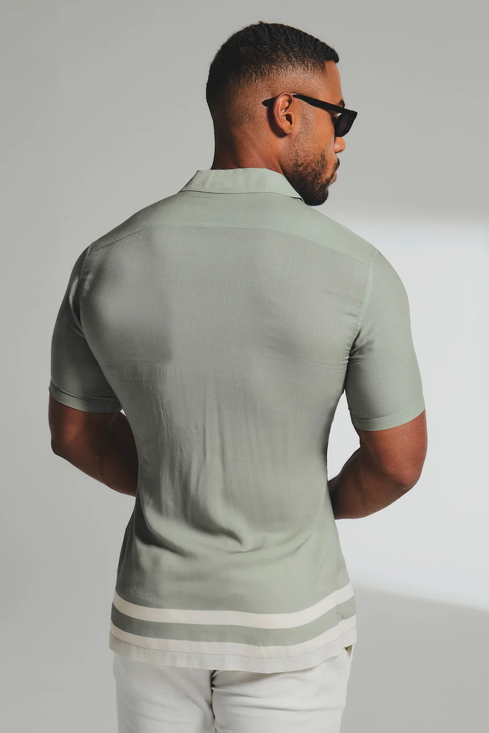 Colour Block Border Shirt in Sage and Cream - Image 6