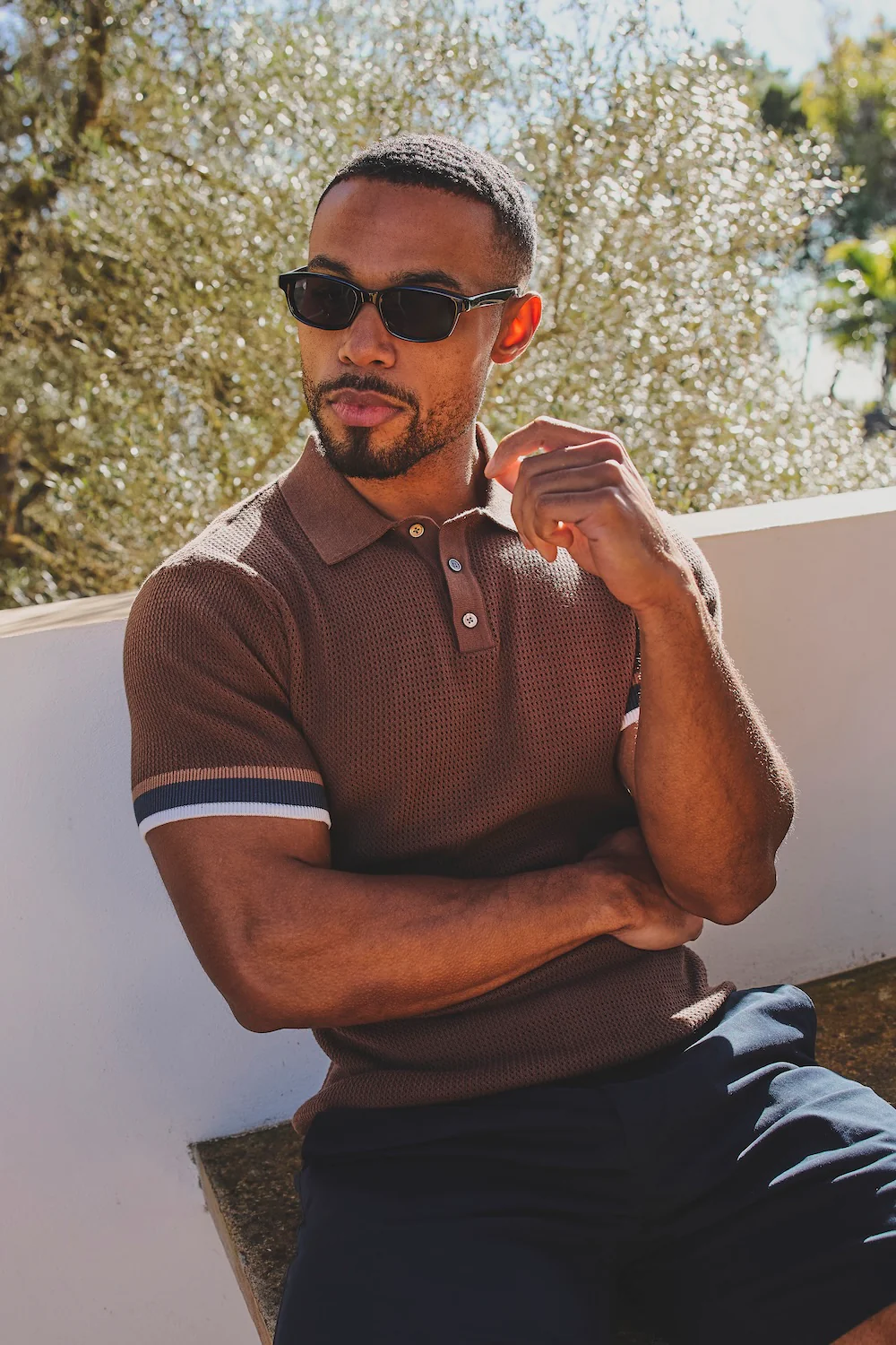 Colour Block Tipped Crochet Knit Polo Shirt in Chocolate - Image 2