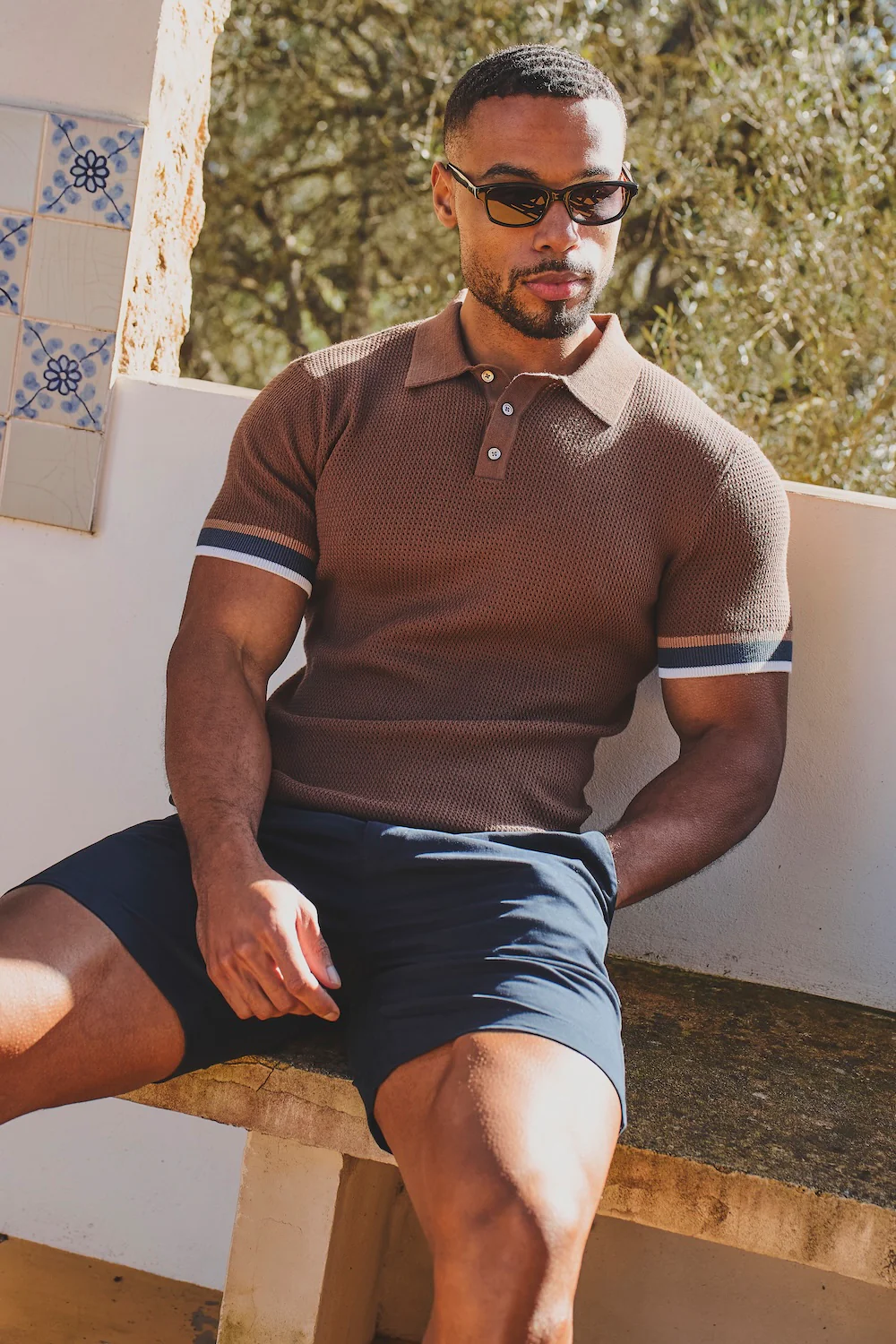 Colour Block Tipped Crochet Knit Polo Shirt in Chocolate - Image 4