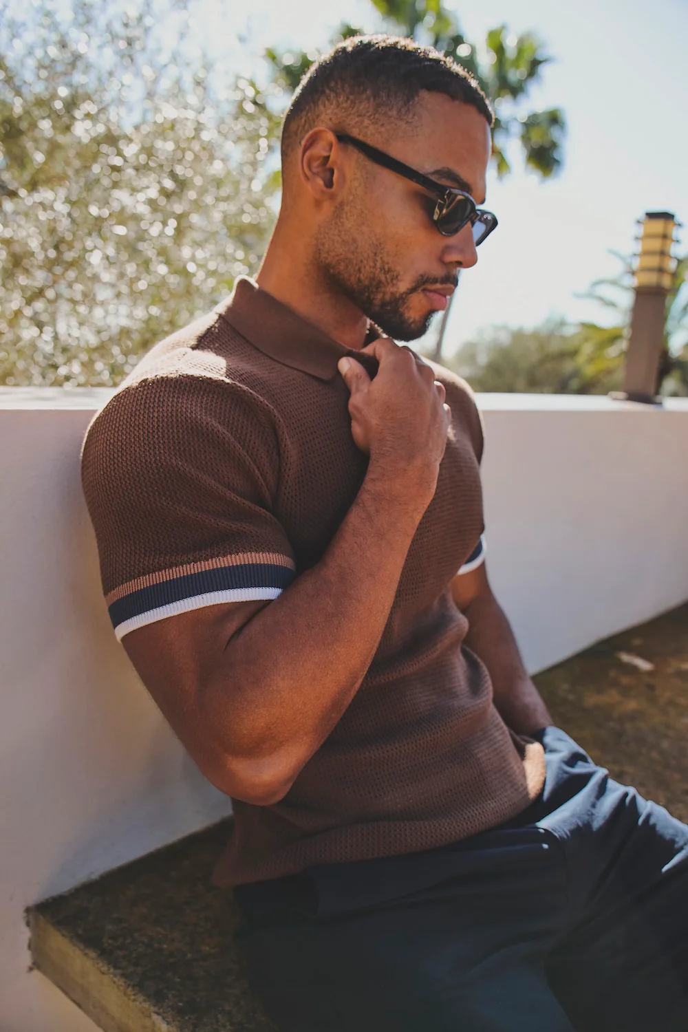 Colour Block Tipped Crochet Knit Polo Shirt in Chocolate - Image 5