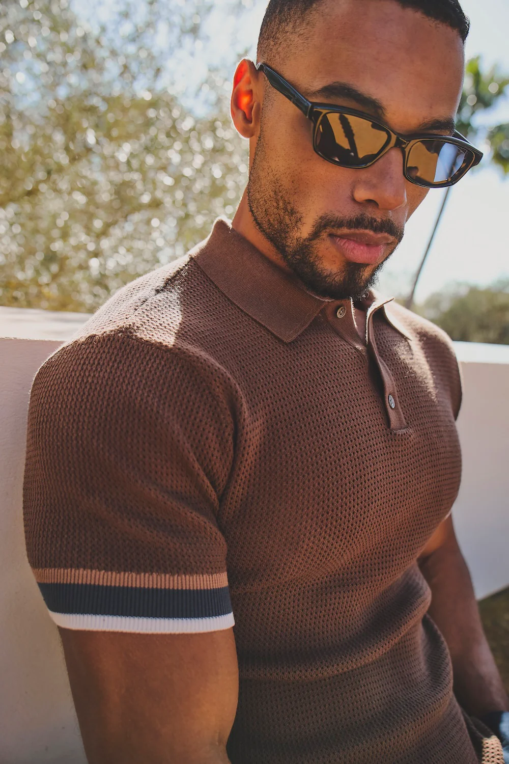 Colour Block Tipped Crochet Knit Polo Shirt in Chocolate - Image 6