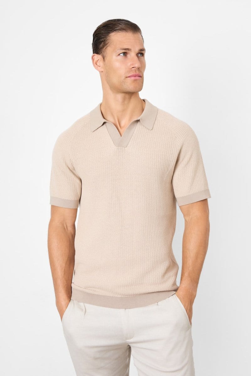 Contrast Textured Knitted Polo Shirt in Stone - Image 4