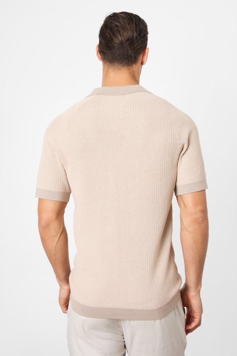 Contrast Textured Knitted Polo Shirt in Stone - Image 7