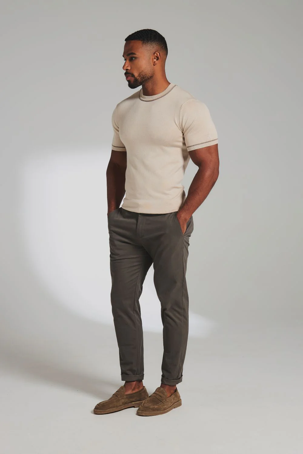 Contrast Tipped Knitted T-Shirt in Light Stone - Image 3