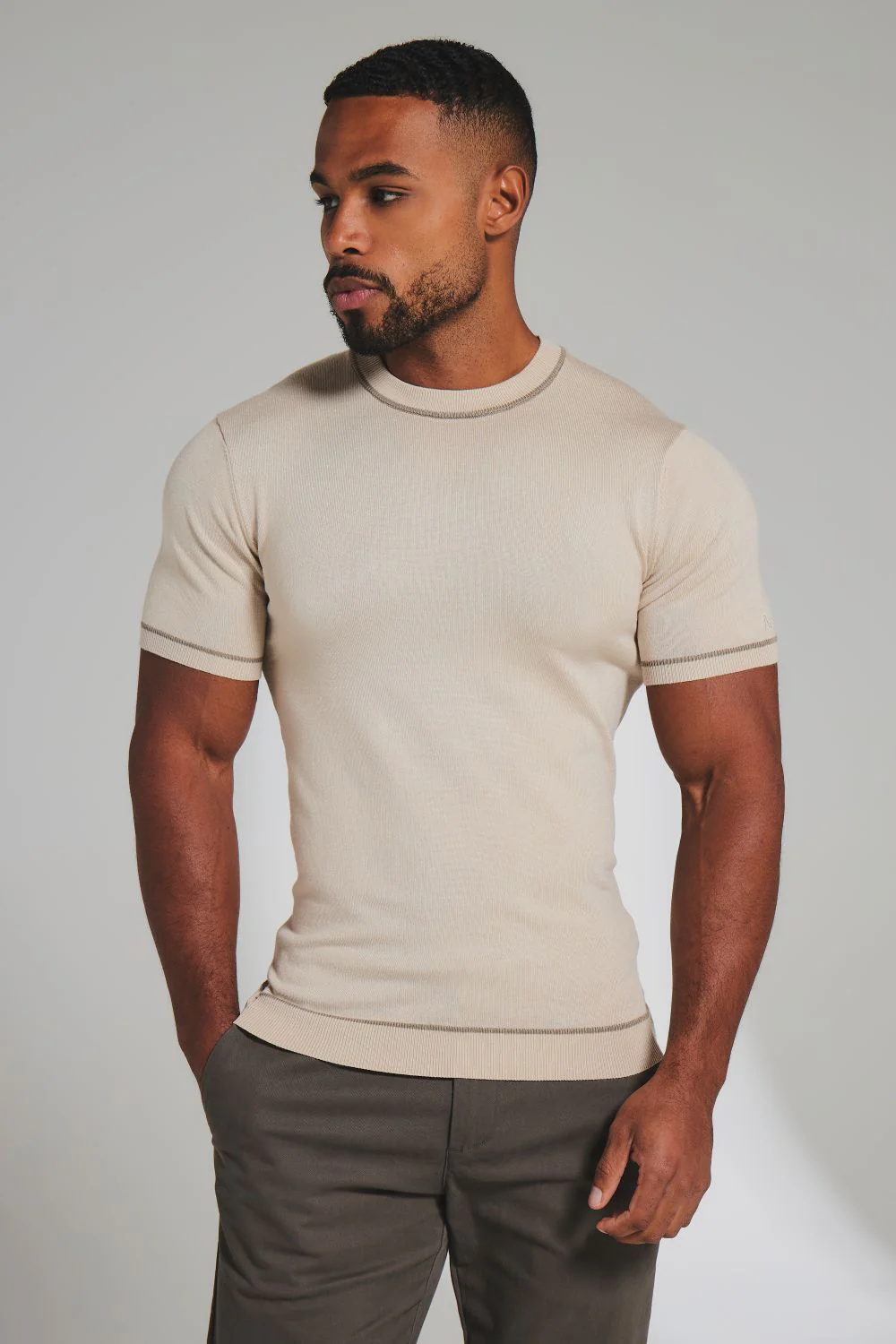 Contrast Tipped Knitted T-Shirt in Light Stone - Image 6