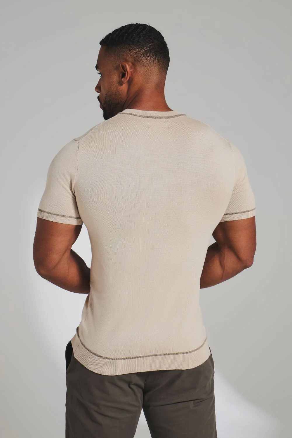 Contrast Tipped Knitted T-Shirt in Light Stone - Image 7