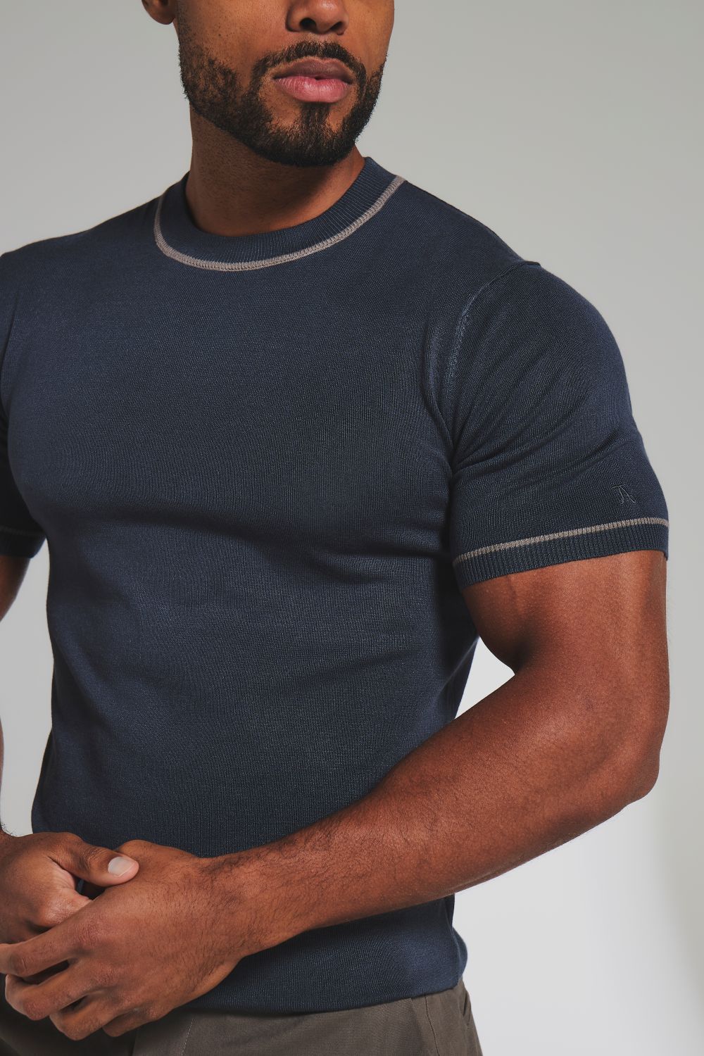 Contrast Tipped Knitted T-Shirt in Steel Blue and Grey - Image 2