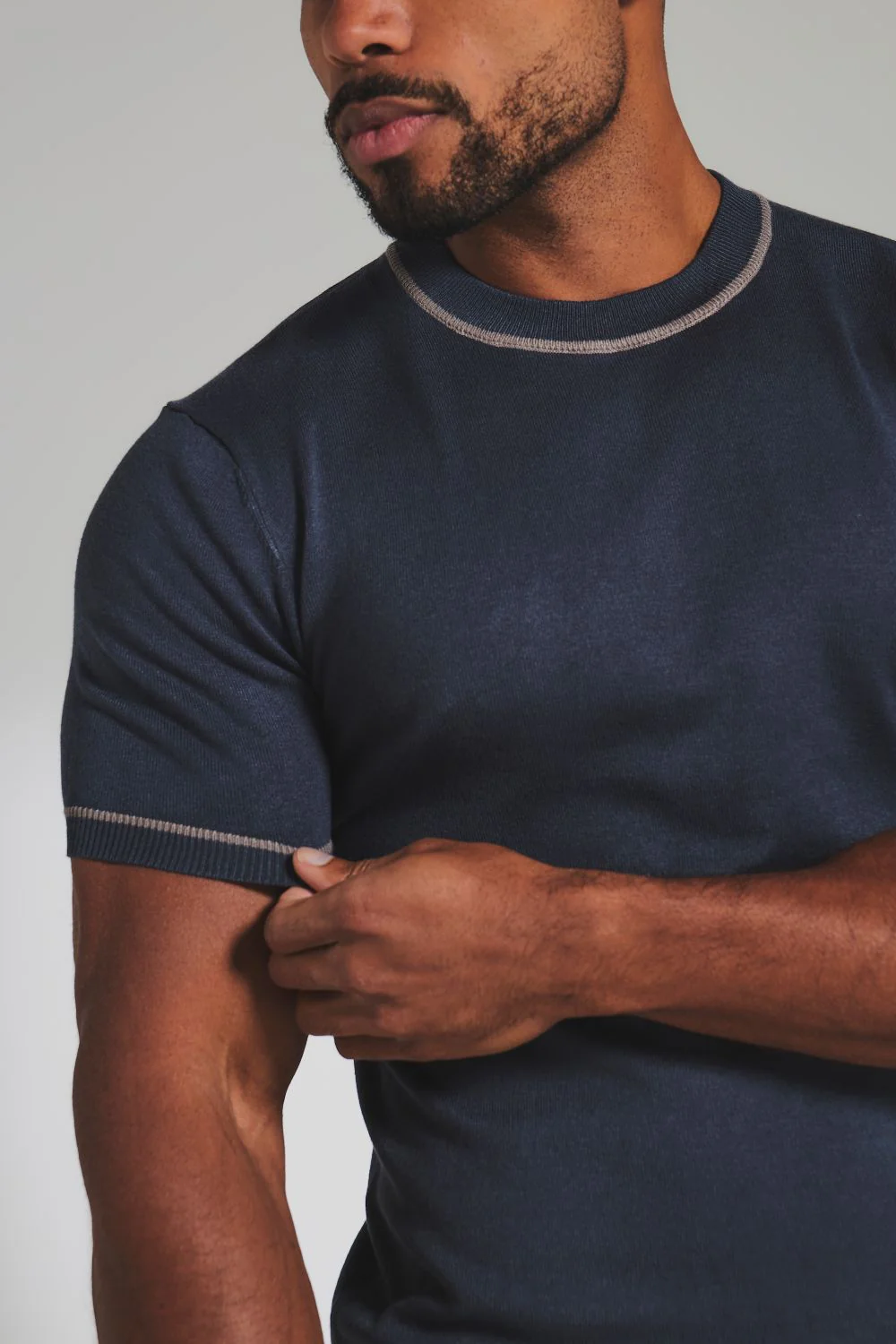 Contrast Tipped Knitted T-Shirt in Steel Blue and Grey - Image 5
