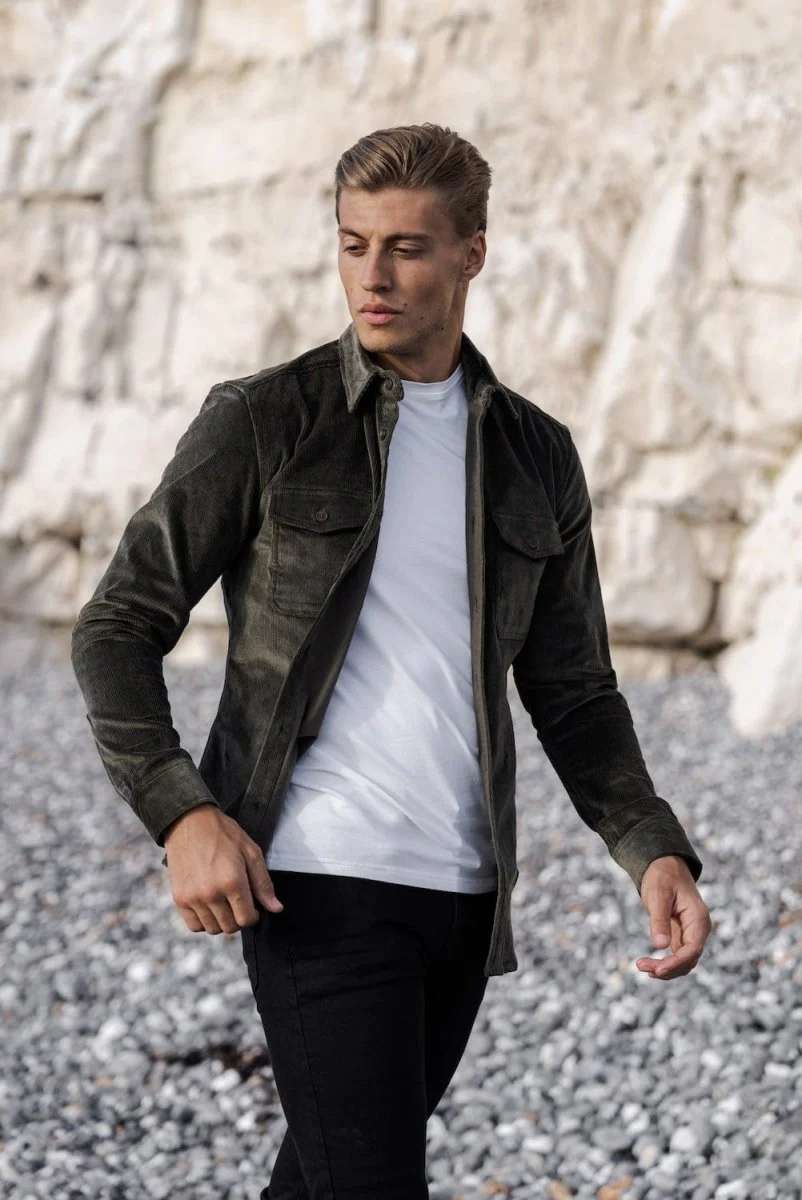 Cord Overshirt in Olive Green - Image 4