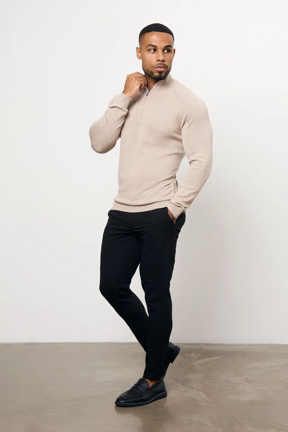 Pure Cotton Knitted Half Zip Neck Jumper in Neutral Marl - Image 2