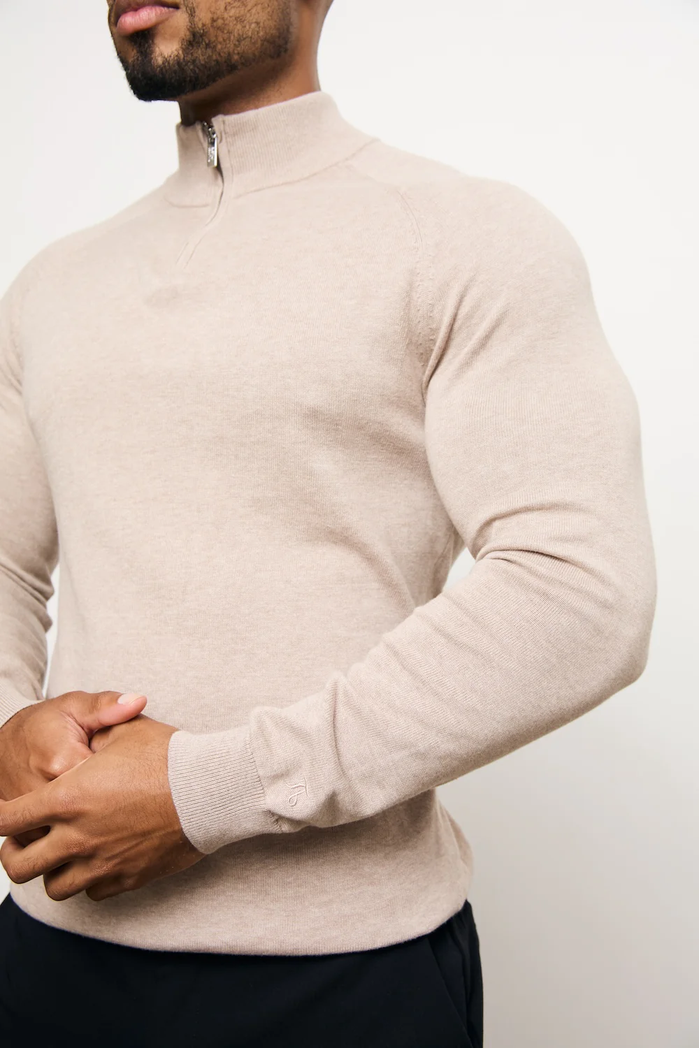 Pure Cotton Knitted Half Zip Neck Jumper in Neutral Marl - Image 3