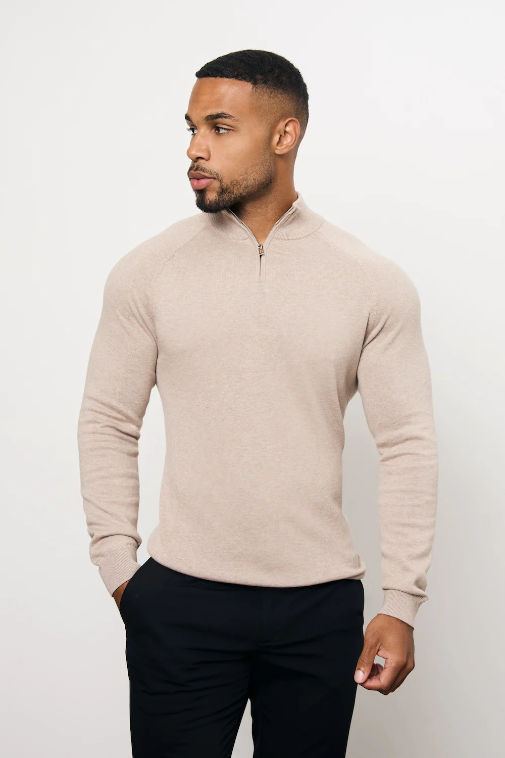 Pure Cotton Knitted Half Zip Neck Jumper in Neutral Marl - Image 4