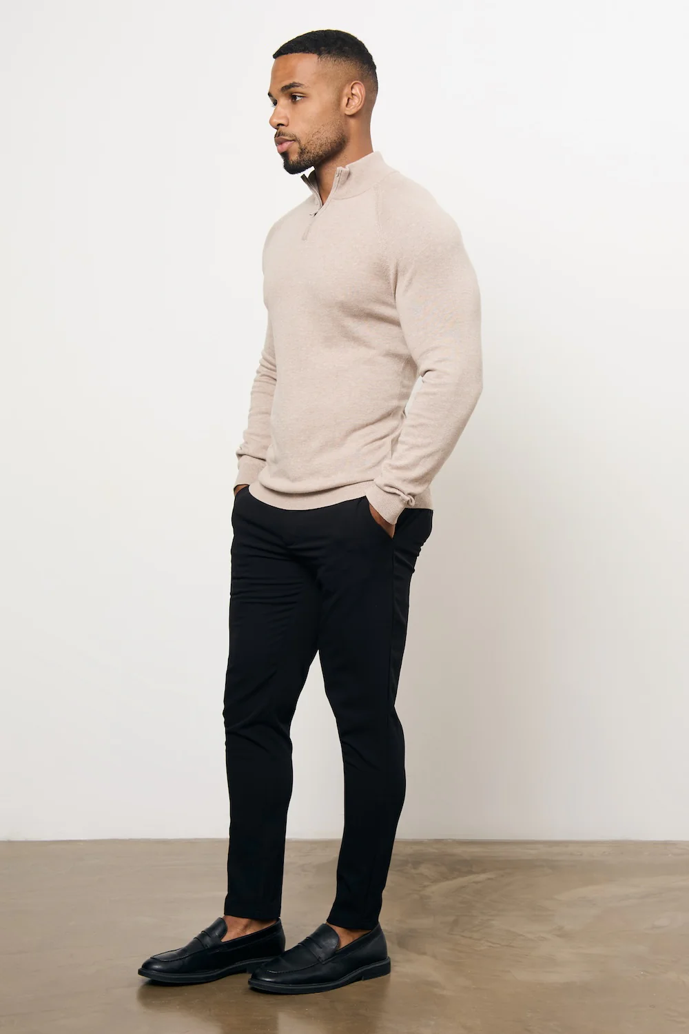 Pure Cotton Knitted Half Zip Neck Jumper in Neutral Marl - Image 6