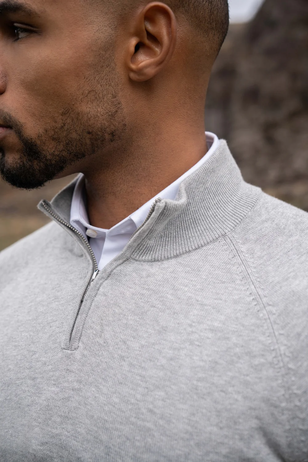 Pure Cotton Knitted Half Zip Neck Jumper in Silver Grey Marl - Image 3