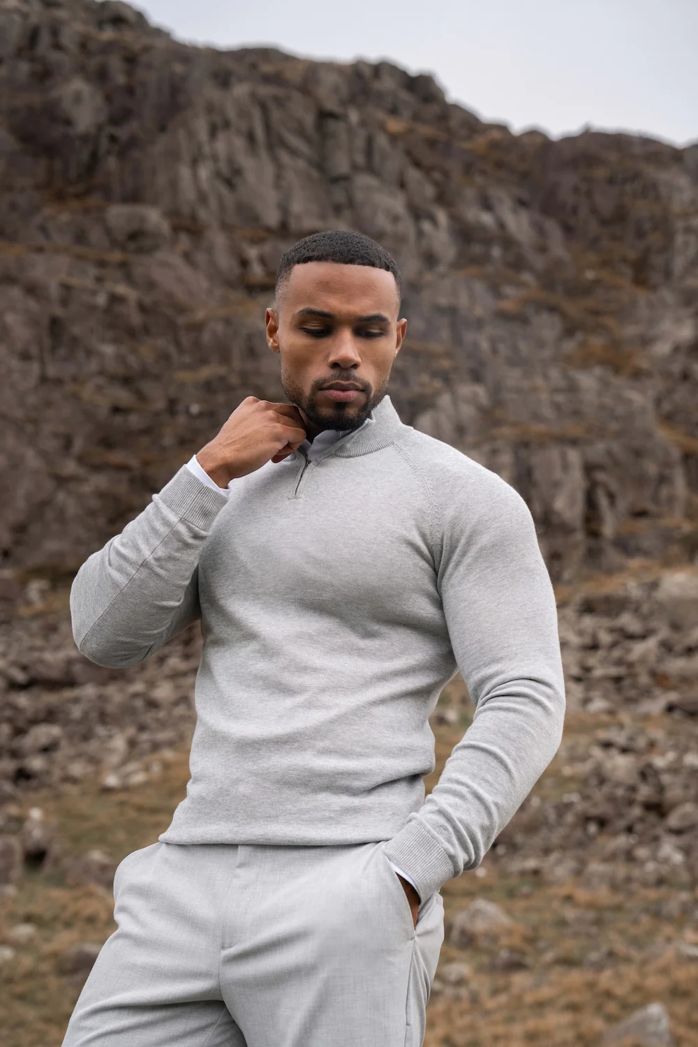 Pure Cotton Knitted Half Zip Neck Jumper in Silver Grey Marl - Image 4
