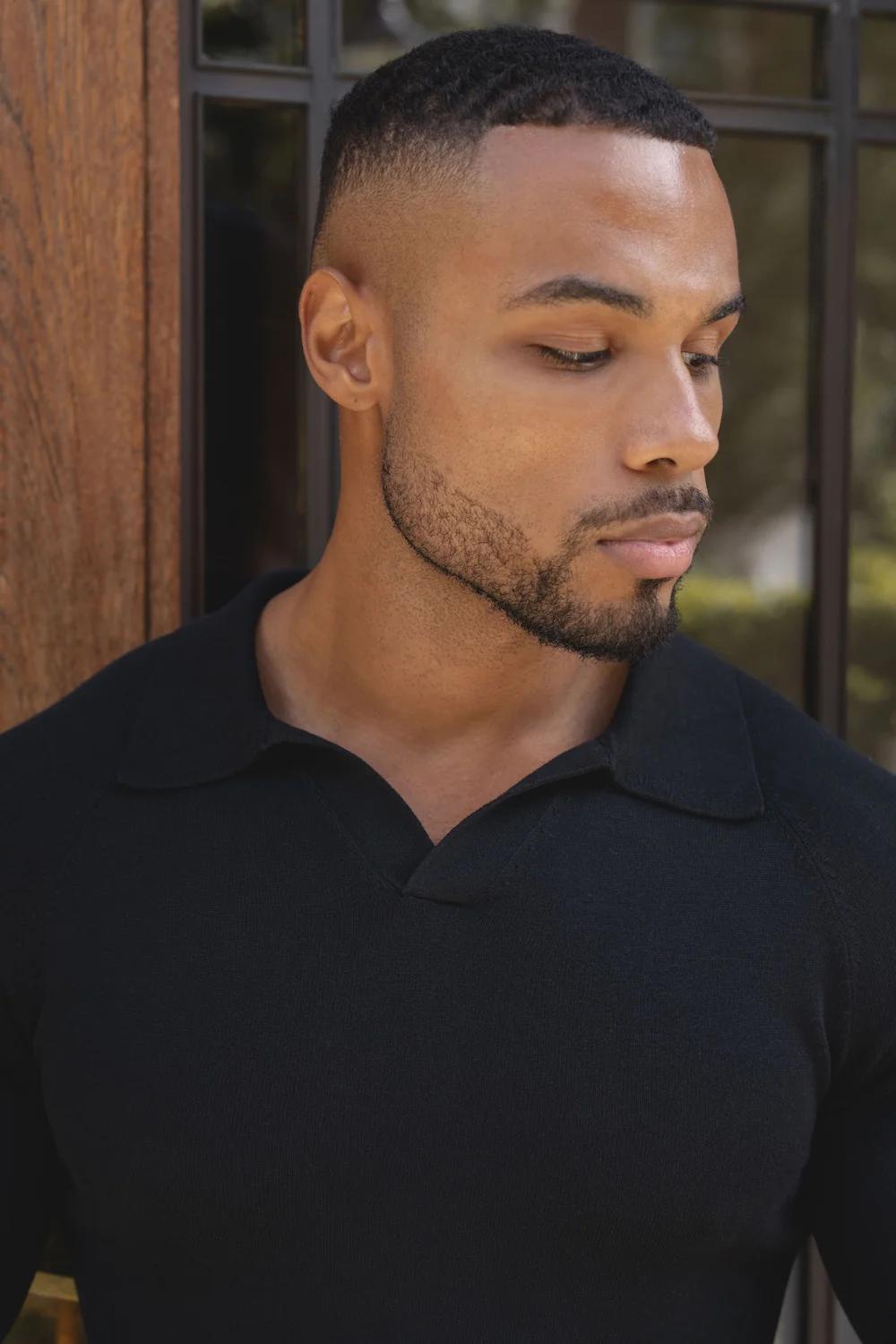 Pure Cotton Knitted Open Collar Polo Shirt in Black - Image 4