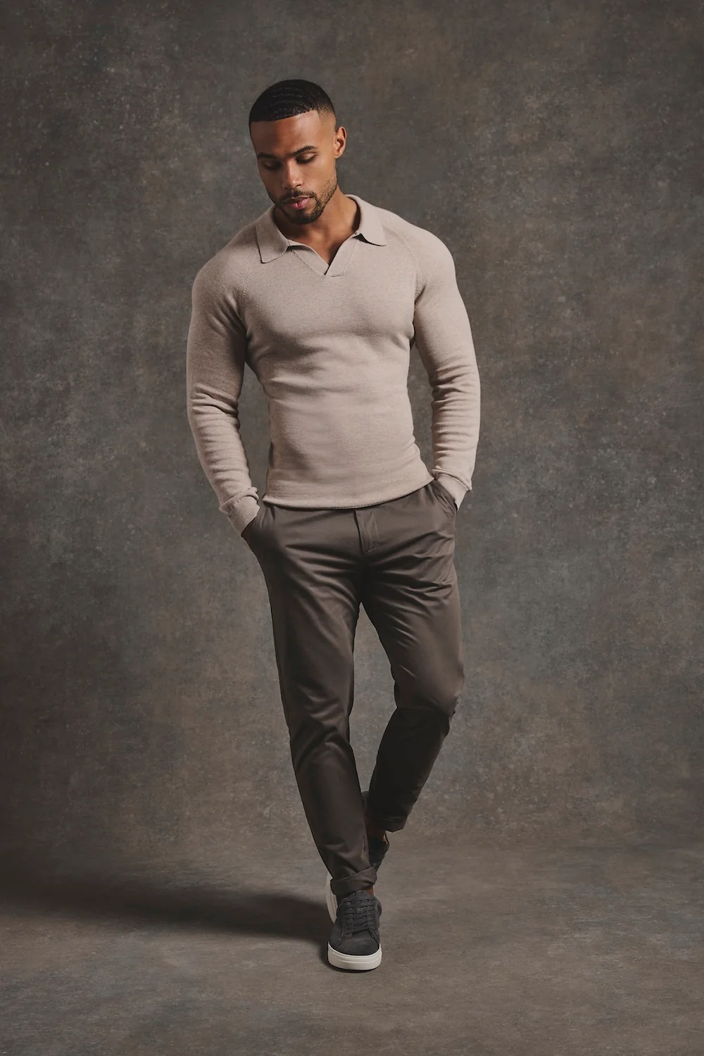Pure Cotton Knitted Open Collar Polo Shirt in Neutral Marl - Image 2