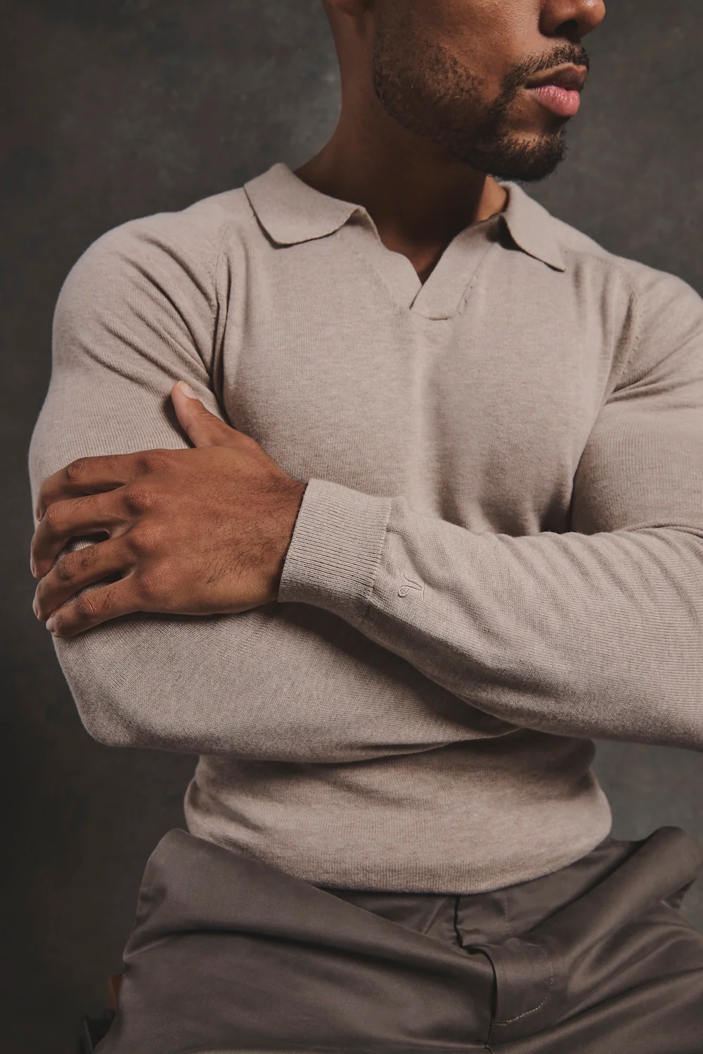 Pure Cotton Knitted Open Collar Polo Shirt in Neutral Marl - Image 6
