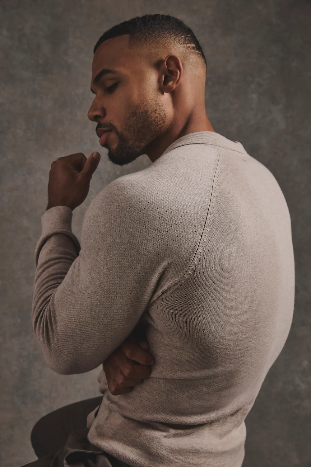 Pure Cotton Knitted Open Collar Polo Shirt in Neutral Marl - Image 7