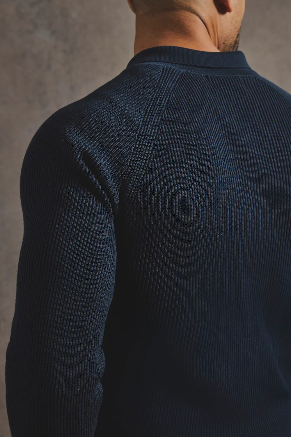 Cotton Textured Knitted Half Zip Polo Shirt in Navy - Image 7