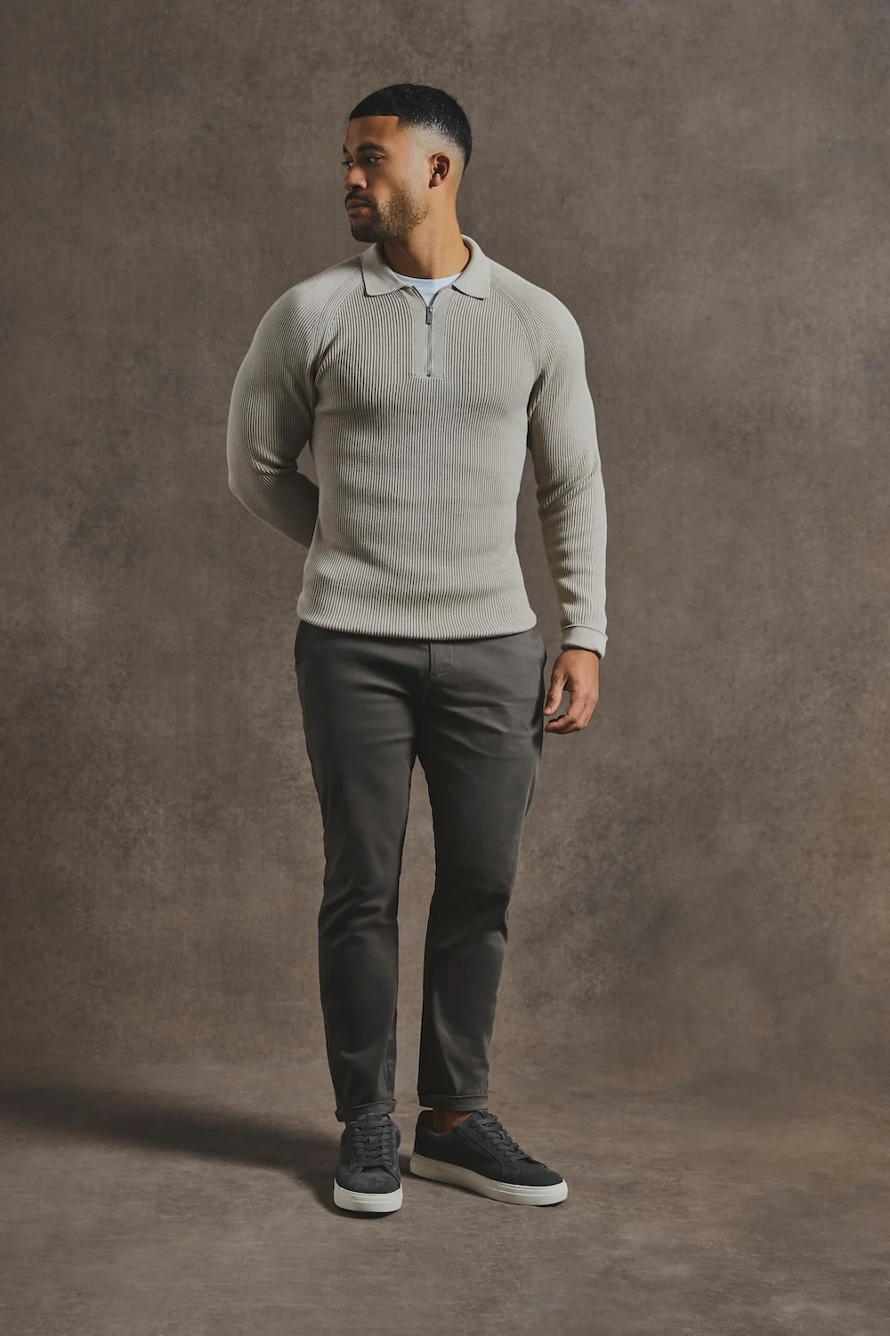 Cotton Textured Knitted Half Zip Polo Shirt in Stone - Image 2
