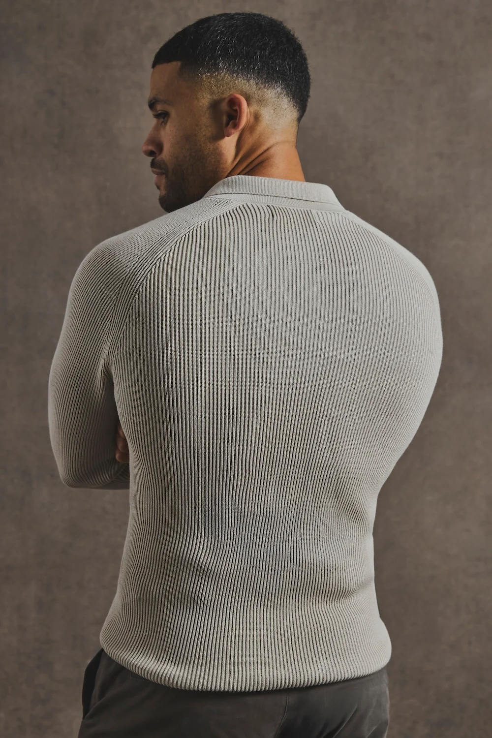 Cotton Textured Knitted Half Zip Polo Shirt in Stone - Image 6