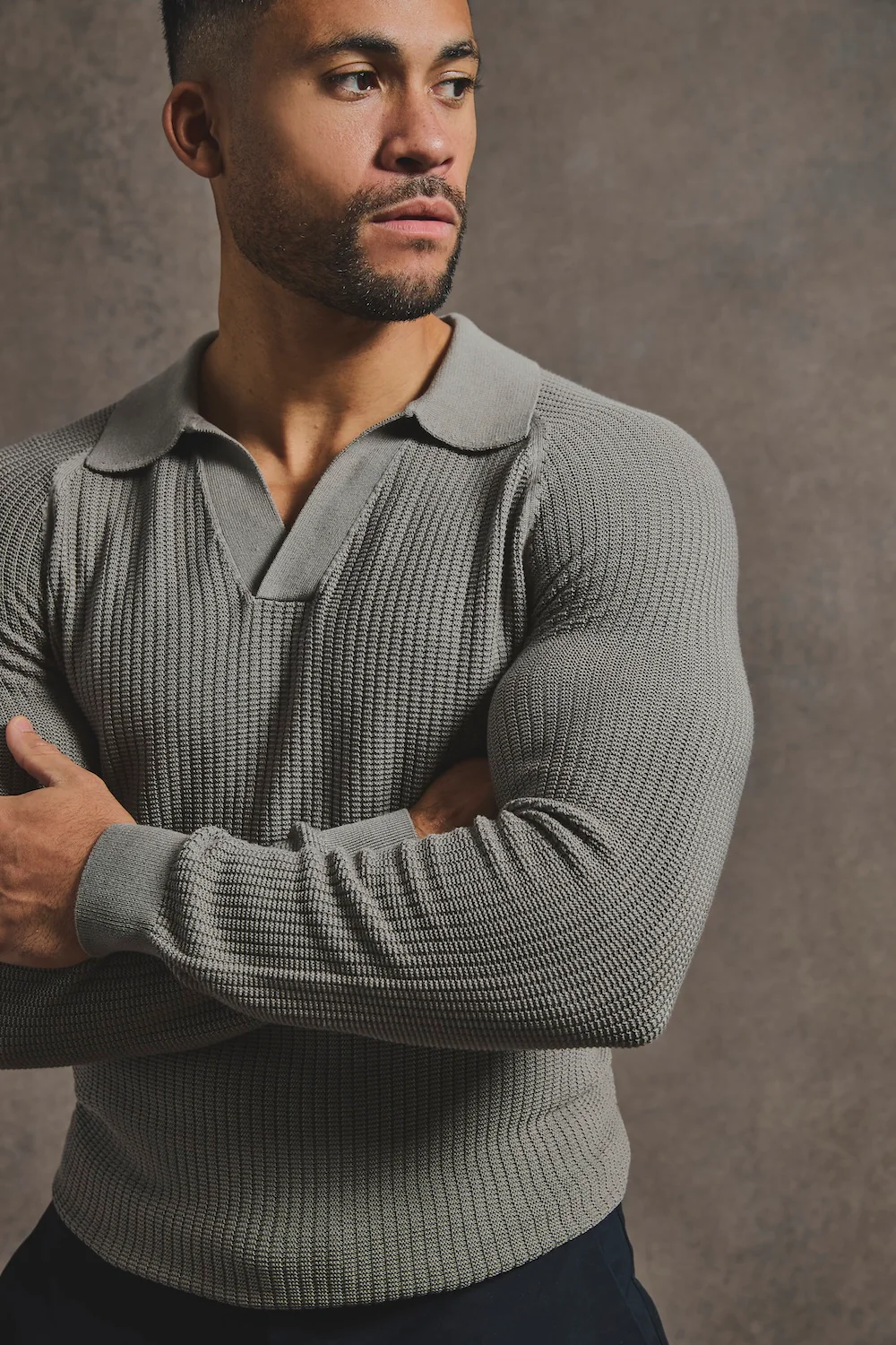 Cotton Textured Knitted Open Collar Polo Shirt in Mole