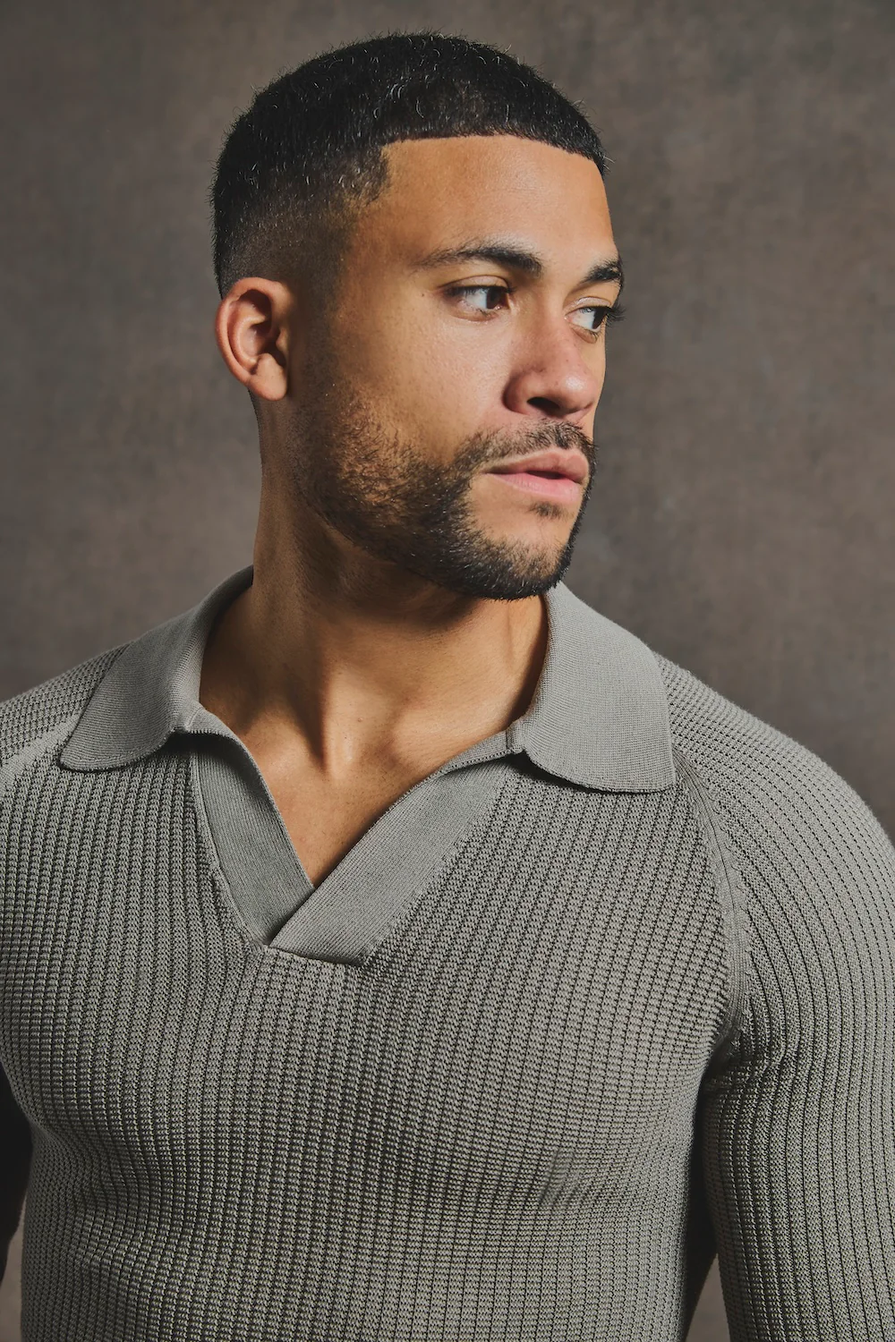Cotton Textured Knitted Open Collar Polo Shirt in Mole - Image 3