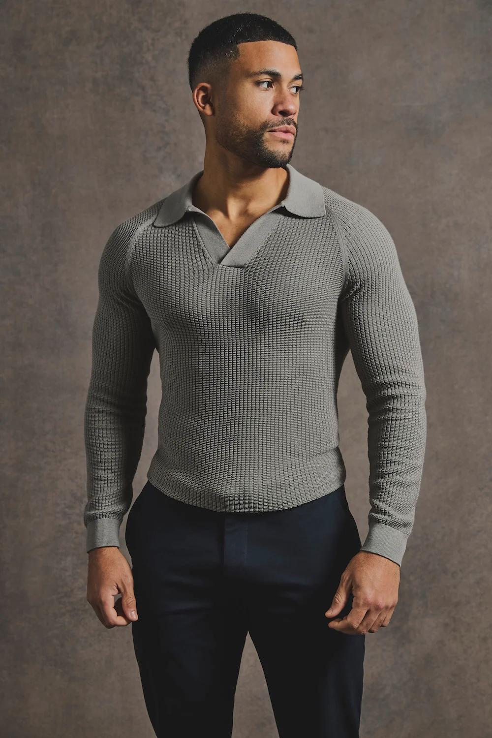Cotton Textured Knitted Open Collar Polo Shirt in Mole - Image 4