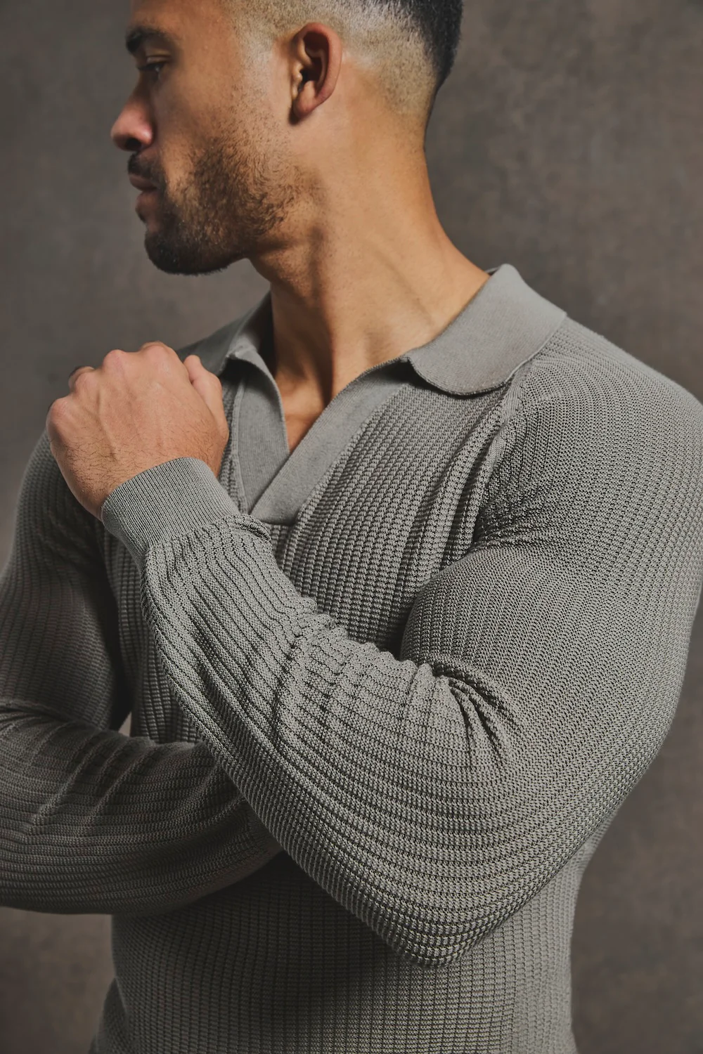Cotton Textured Knitted Open Collar Polo Shirt in Mole - Image 5