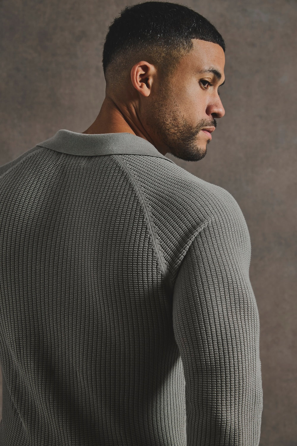 Cotton Textured Knitted Open Collar Polo Shirt in Mole - Image 7