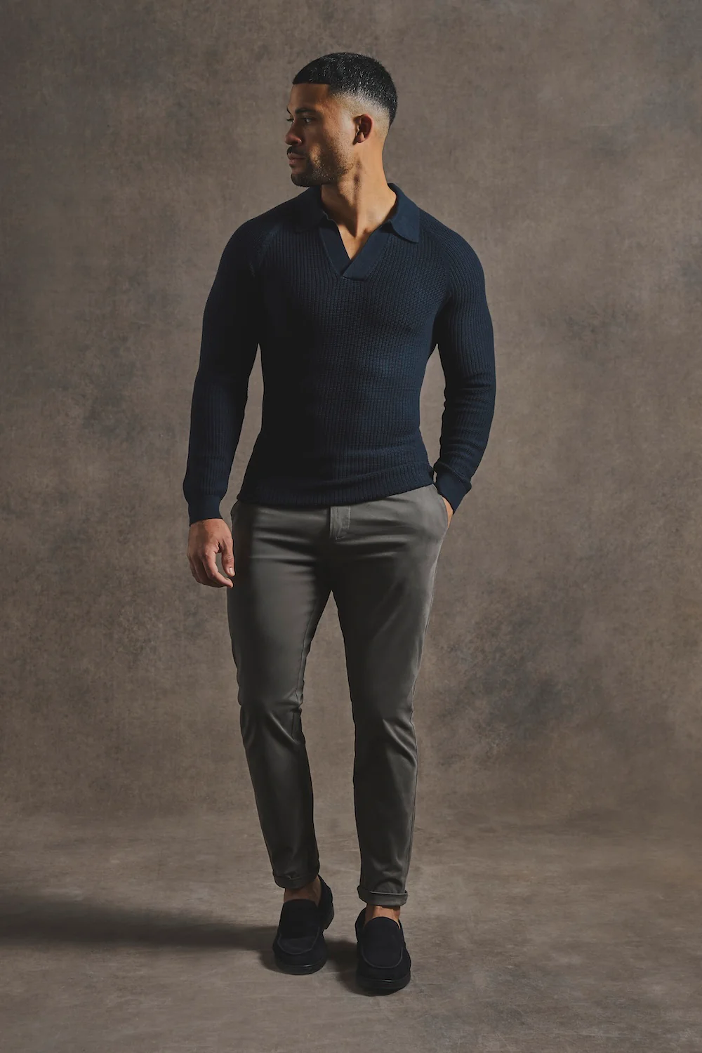 Cotton Textured Knitted Open Collar Polo Shirt in Navy - Image 2