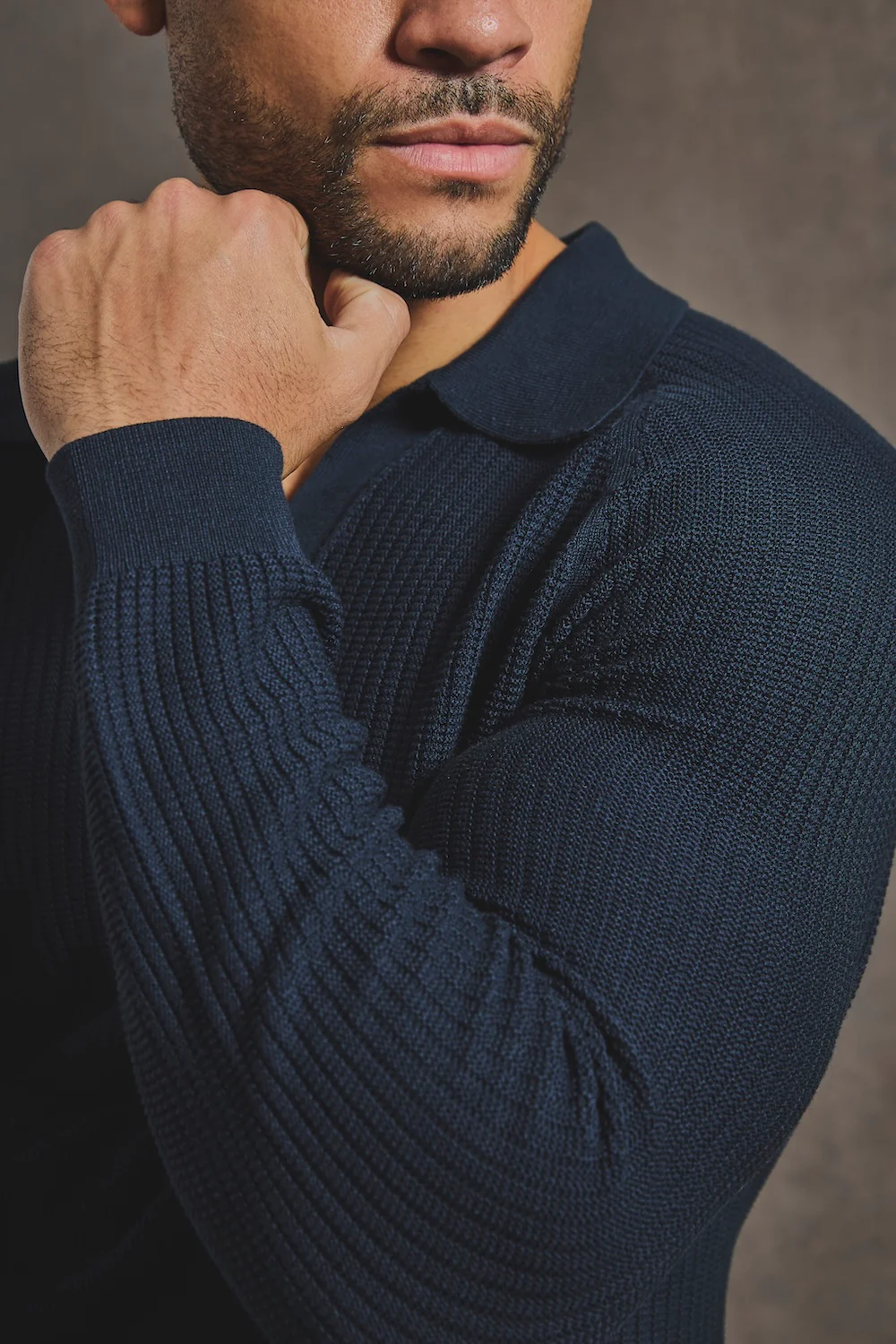 Cotton Textured Knitted Open Collar Polo Shirt in Navy - Image 4