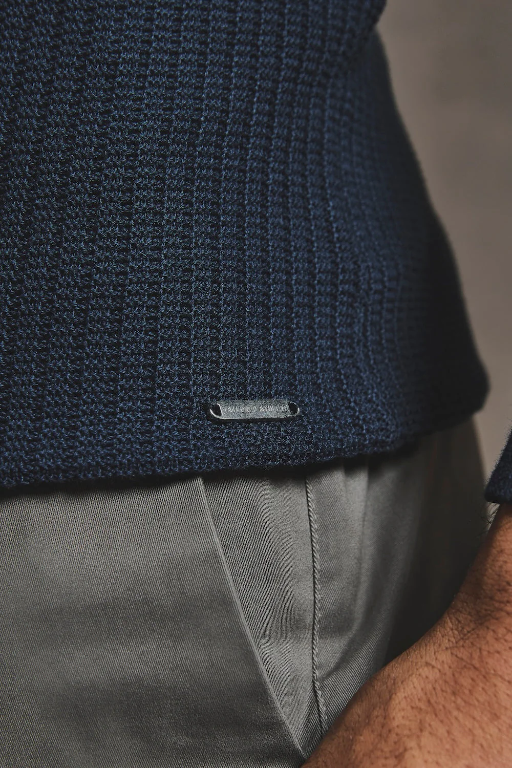 Cotton Textured Knitted Open Collar Polo Shirt in Navy - Image 5