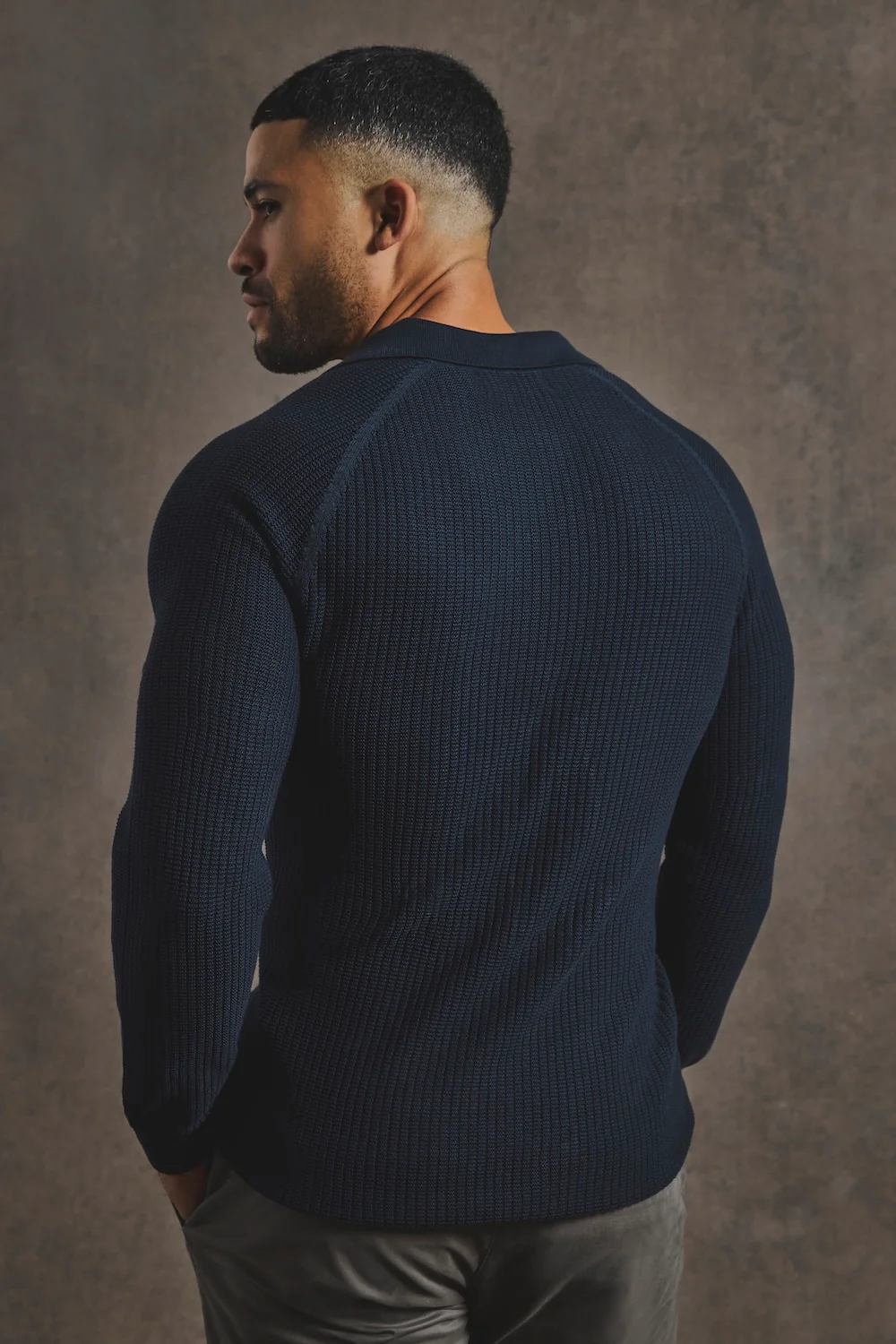 Cotton Textured Knitted Open Collar Polo Shirt in Navy - Image 7