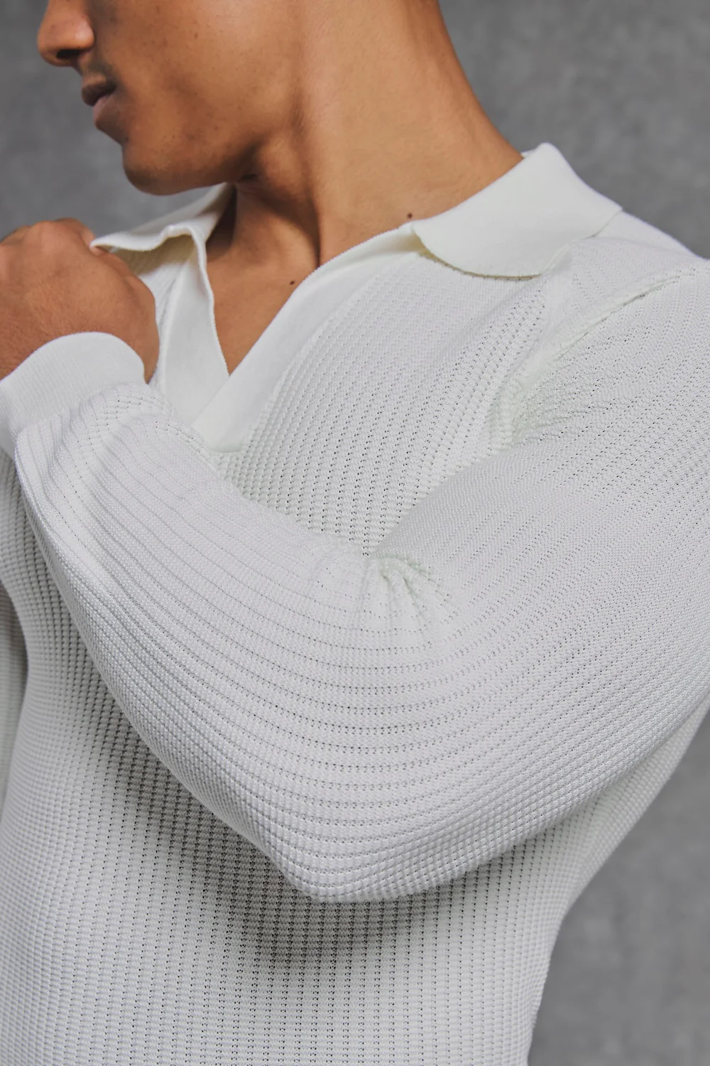 Cotton Textured Knitted Open Collar Polo Shirt in Winter White - Image 4