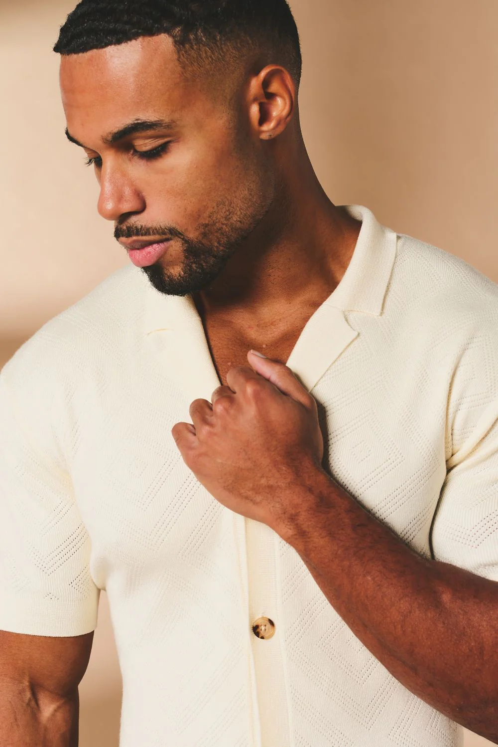 Diamond Jacquard Revere Collar Knitted Shirt in Ecru - Image 3