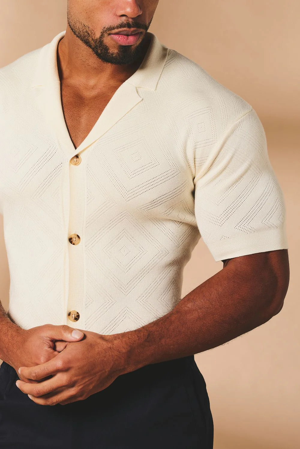 Diamond Jacquard Revere Collar Knitted Shirt in Ecru - Image 5