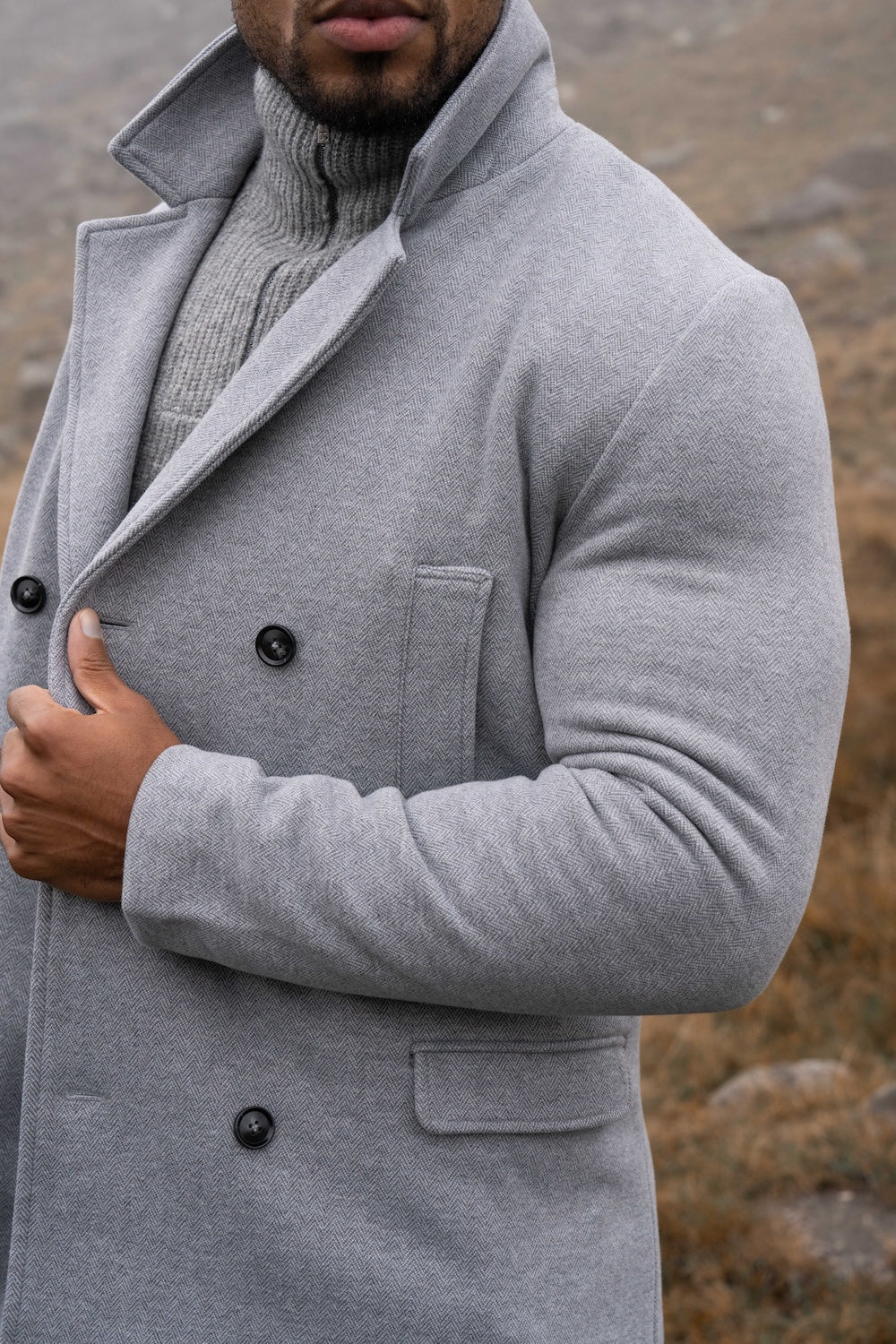 Double Breasted Herringbone Peacoat in Soft Grey - Image 4