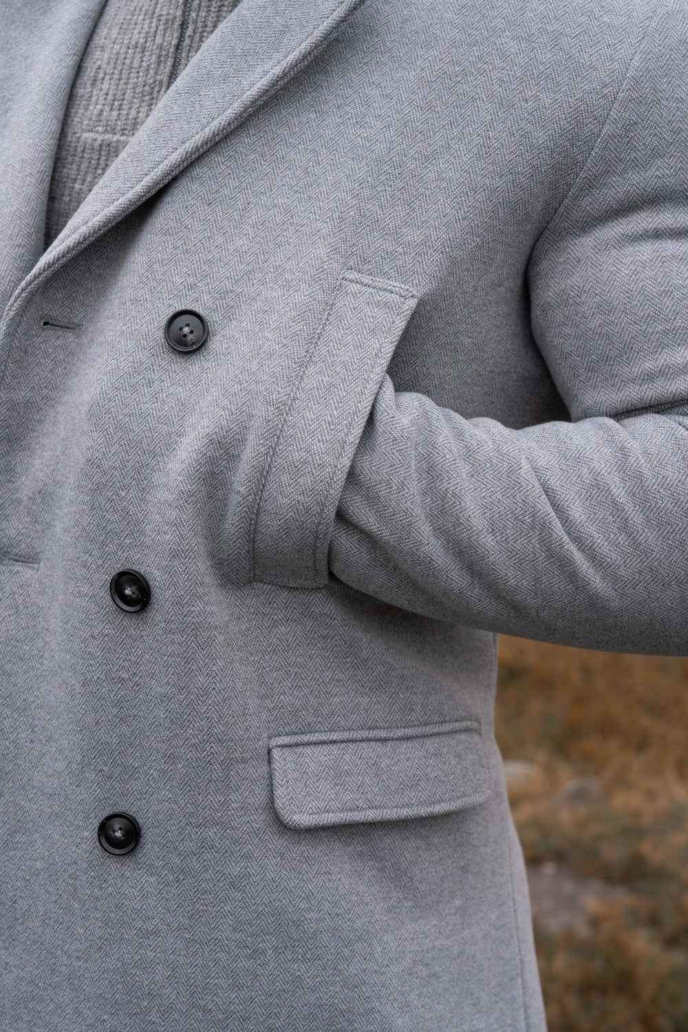 Double Breasted Herringbone Peacoat in Soft Grey - Image 5