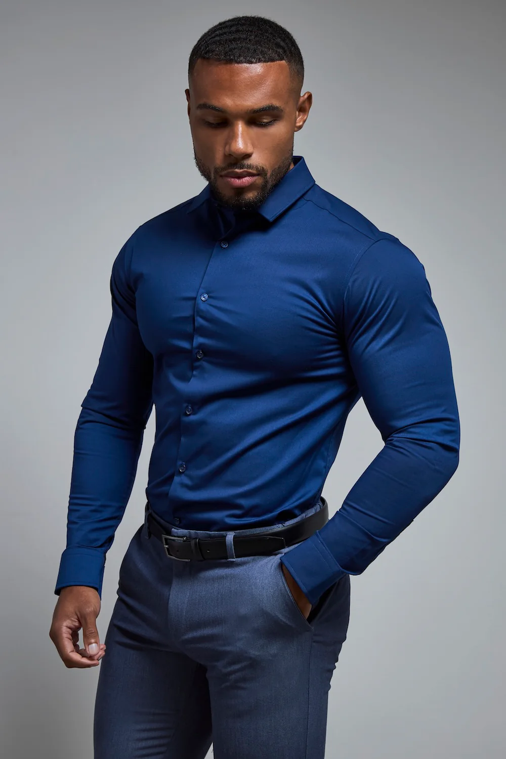 Muscle Fit Dress Shirt in Navy - Image 2