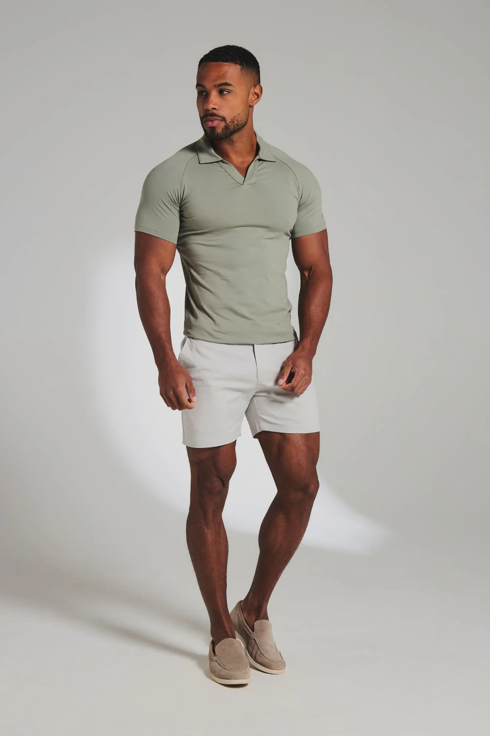 Essential Jersey Buttonless Polo Shirt in Soft Khaki - Image 3