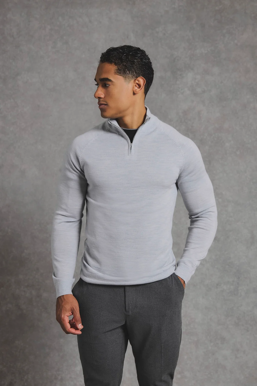 Extra Fine Merino Wool Half Zip Neck Jumper in Dove Grey - Image 4